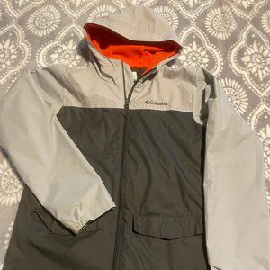 Columbia Large (14/16) kids rain jacket, with orange fleece on the inside